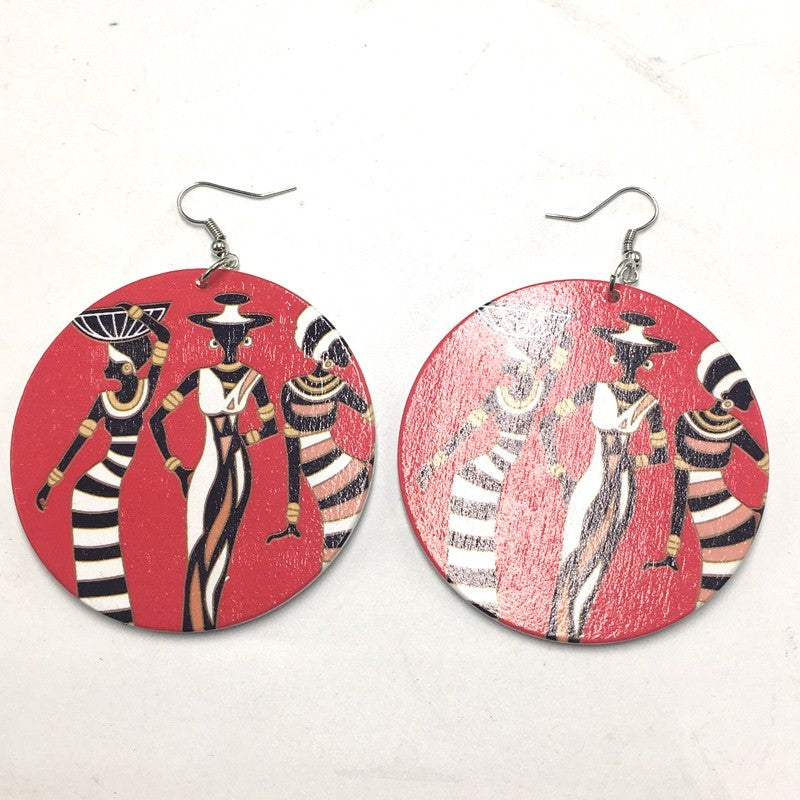 African pattern geometric round wooden earrings - My Store