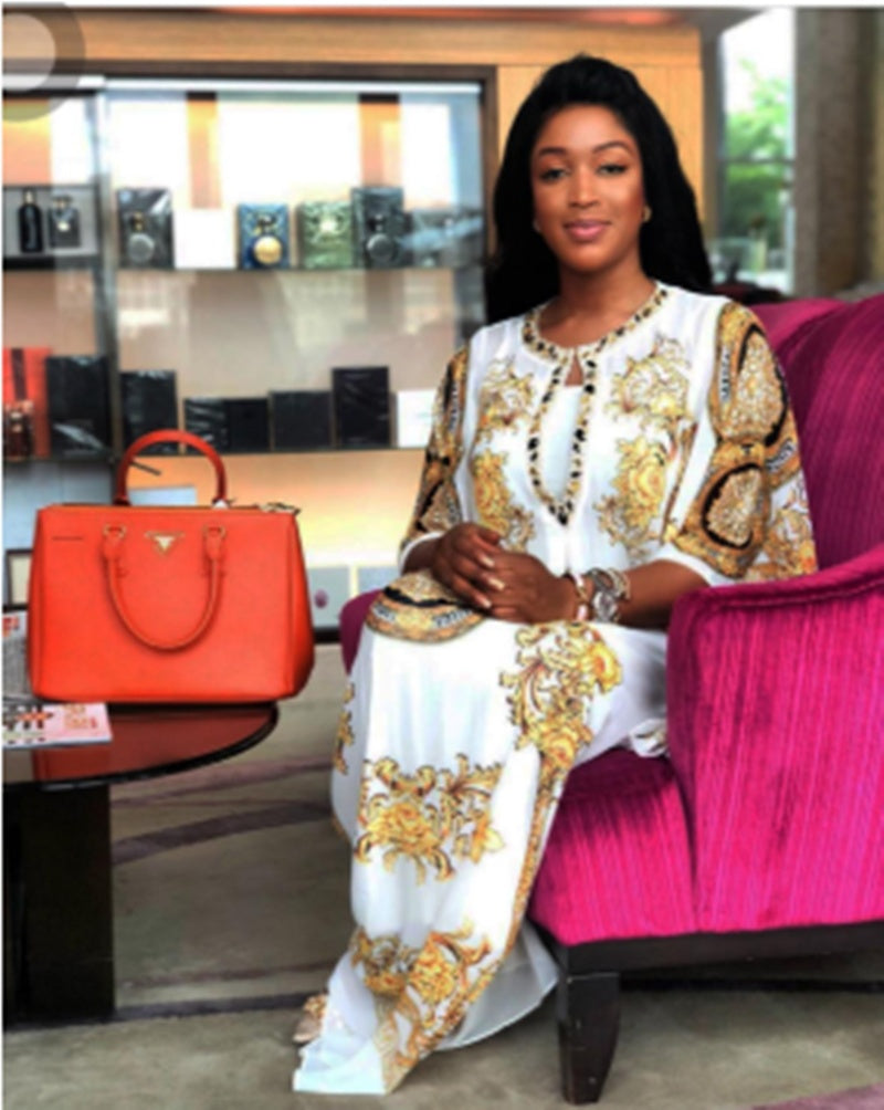 Printed Loose Big V-neck Handmade Long Skirt African Women's Clothing - My Store