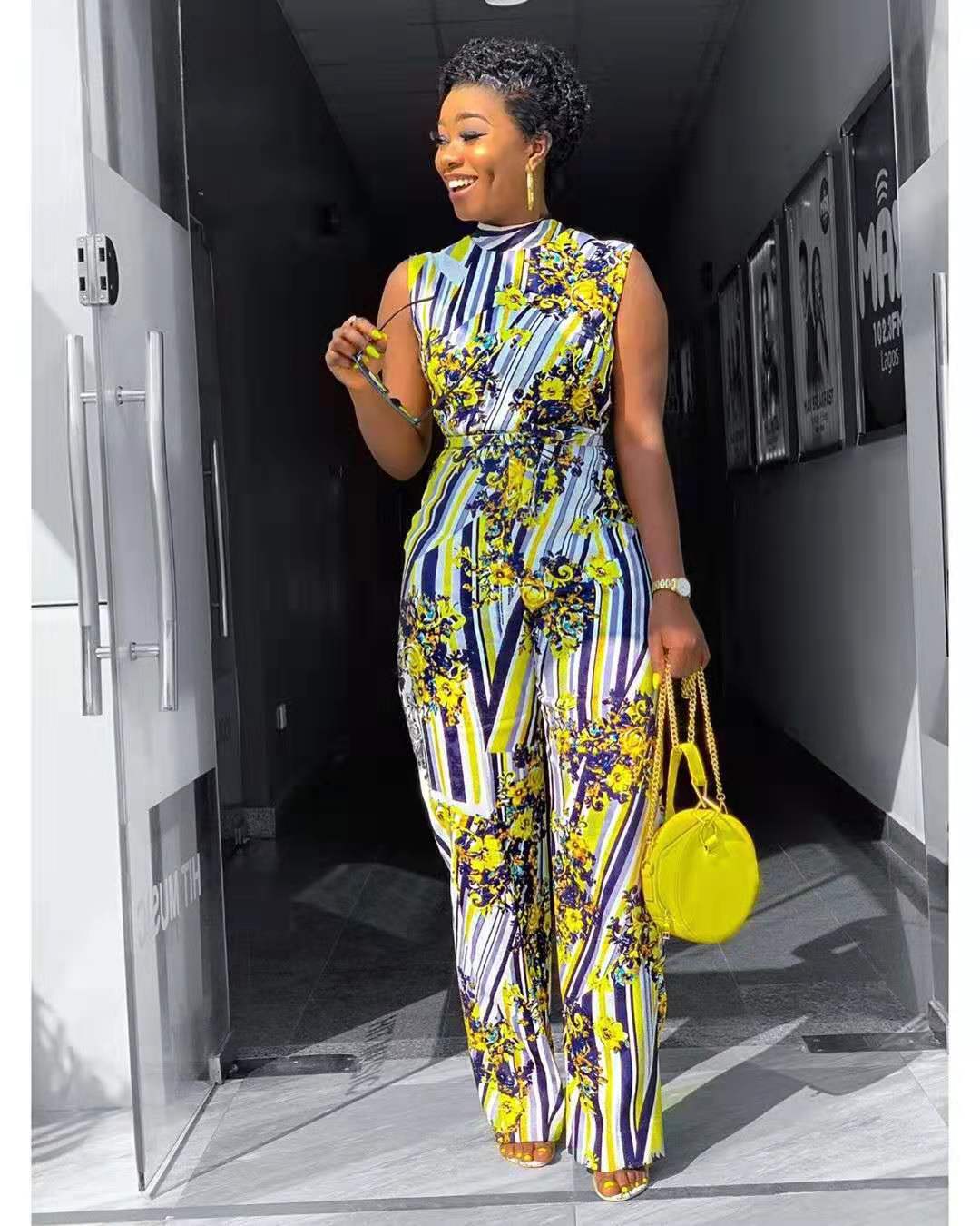 African Women's Jumpsuit Digital Printed High Stretch Sleeveless Wide Leg High Waist Jumpsuit Belt - My Store