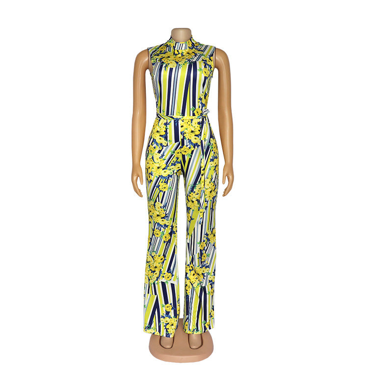 African Women's Jumpsuit Digital Printed High Stretch Sleeveless Wide Leg High Waist Jumpsuit Belt - My Store