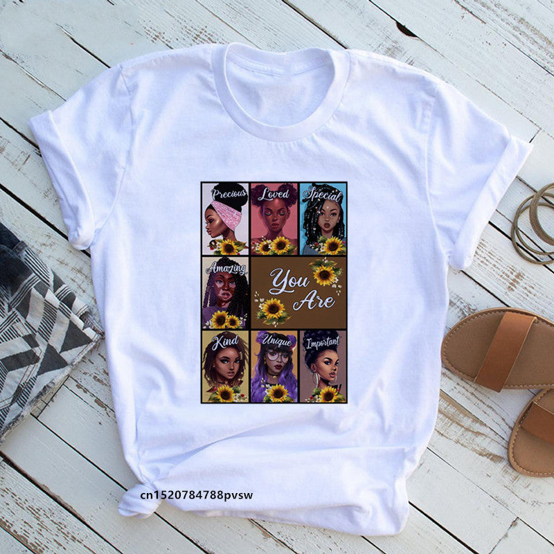 European And American Plus Size Casual Women'S Summer New Style African Black Girl Print Ladies T-Shirt Comfortable Modal Loose - My Store