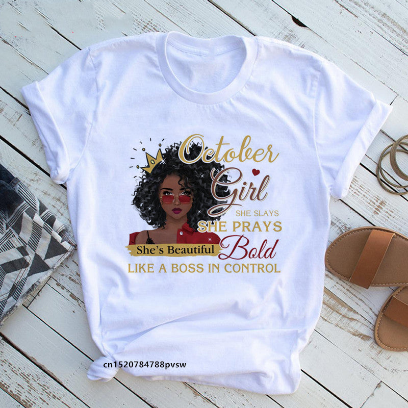 European And American Plus Size Casual Women'S Summer New Style African Black Girl Print Ladies T-Shirt Comfortable Modal Loose - My Store