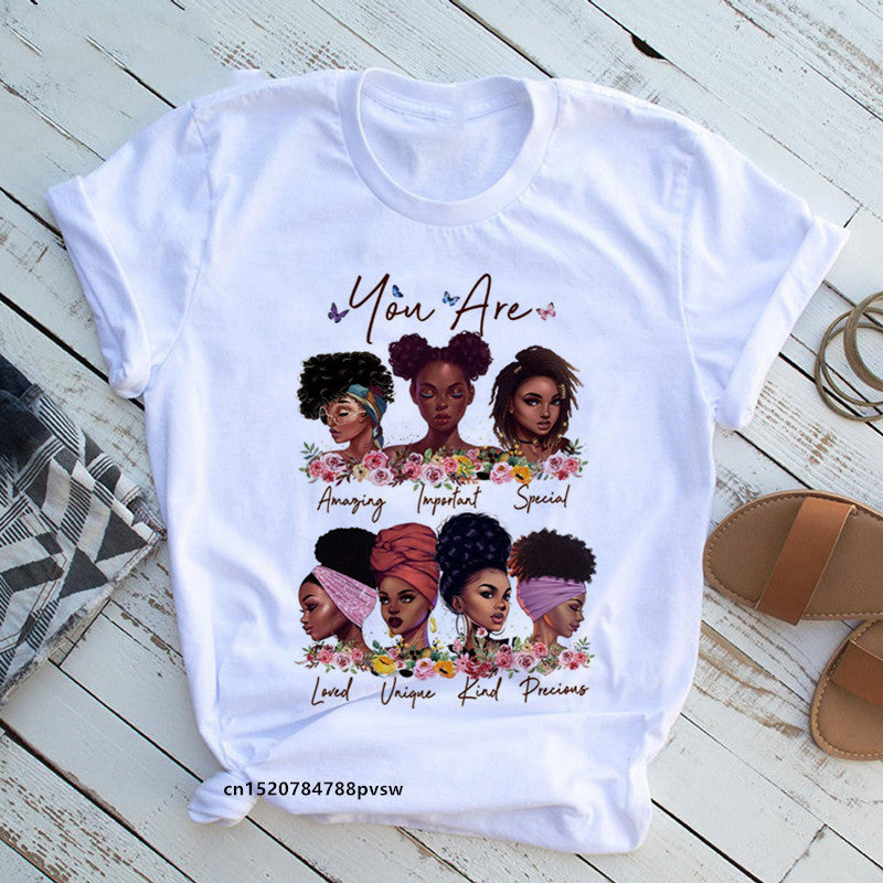 European And American Plus Size Casual Women'S Summer New Style African Black Girl Print Ladies T-Shirt Comfortable Modal Loose - My Store