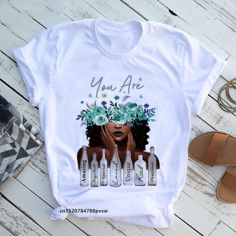 European And American Plus Size Casual Women'S Summer New Style African Black Girl Print Ladies T-Shirt Comfortable Modal Loose - My Store