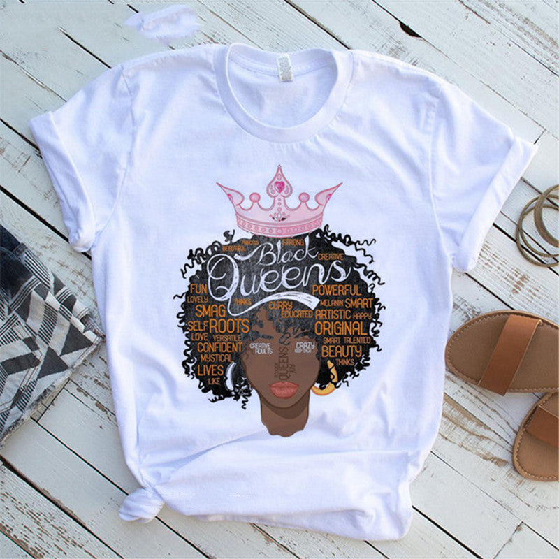 Women T Shirt Fashion Casual Cartoon Feminism Cartoon African Girl Print Ladies Short Sleeve T-shirt - My Store