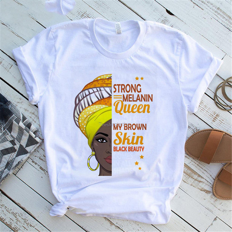 Women T Shirt Fashion Casual Cartoon Feminism Cartoon African Girl Print Ladies Short Sleeve T-shirt - My Store