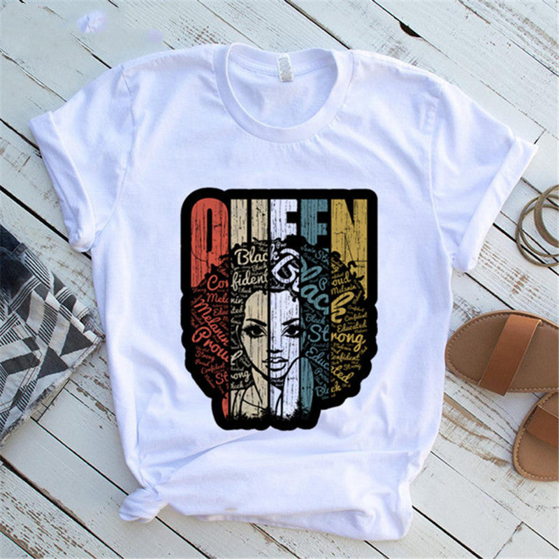 Women T Shirt Fashion Casual Cartoon Feminism Cartoon African Girl Print Ladies Short Sleeve T-shirt - My Store