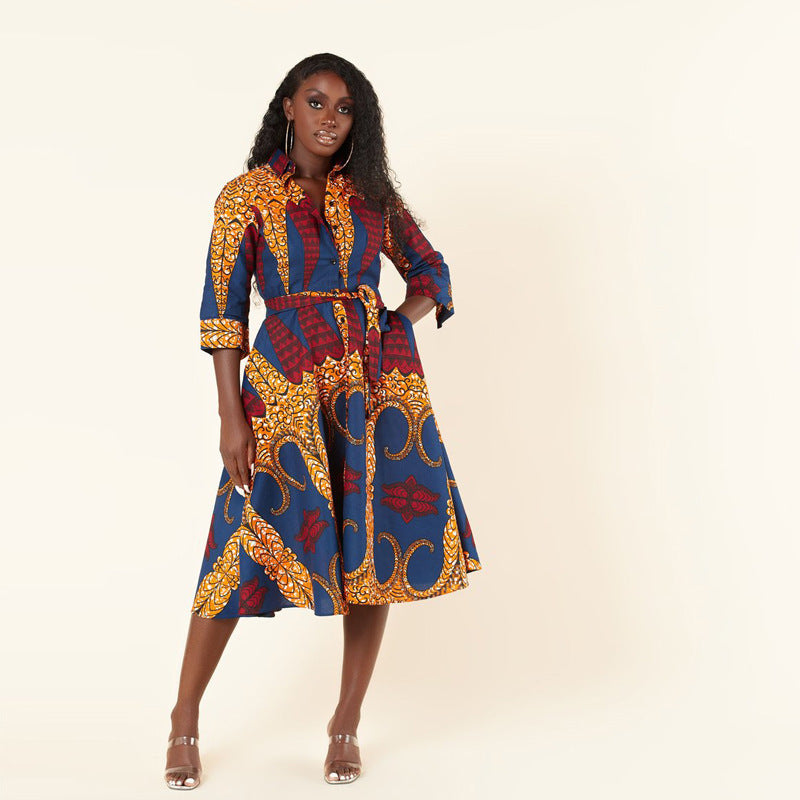 African Women's Long Sleeve Printed Shirt Dress - My Store