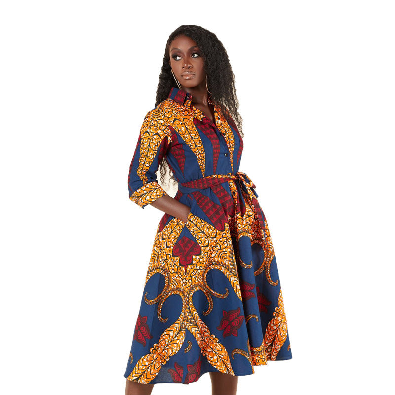 African Women's Long Sleeve Printed Shirt Dress - My Store