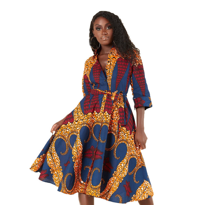 African Women's Long Sleeve Printed Shirt Dress - My Store