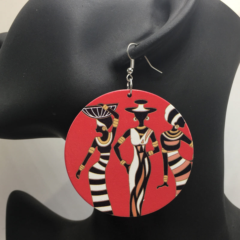 African pattern geometric round wooden earrings - My Store