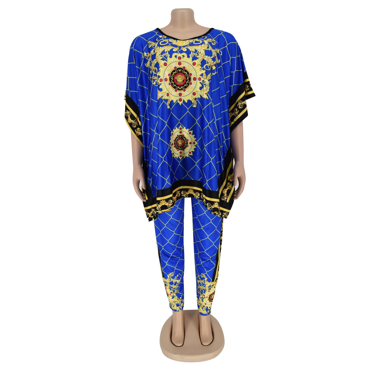 African Plus Size Women's Printed Round Neck Pullover Sweater Stretch Pants Suit - My Store