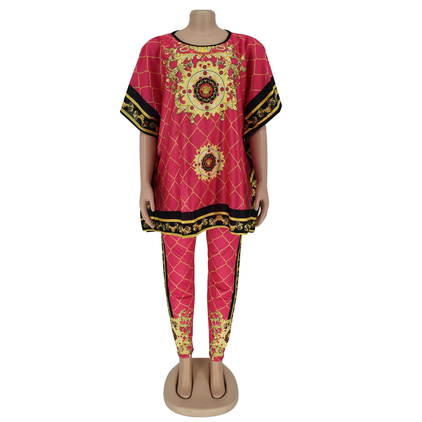 African Plus Size Women's Printed Round Neck Pullover Sweater Stretch Pants Suit - My Store
