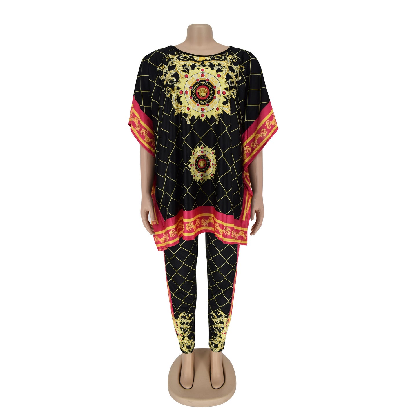 African Plus Size Women's Printed Round Neck Pullover Sweater Stretch Pants Suit - My Store