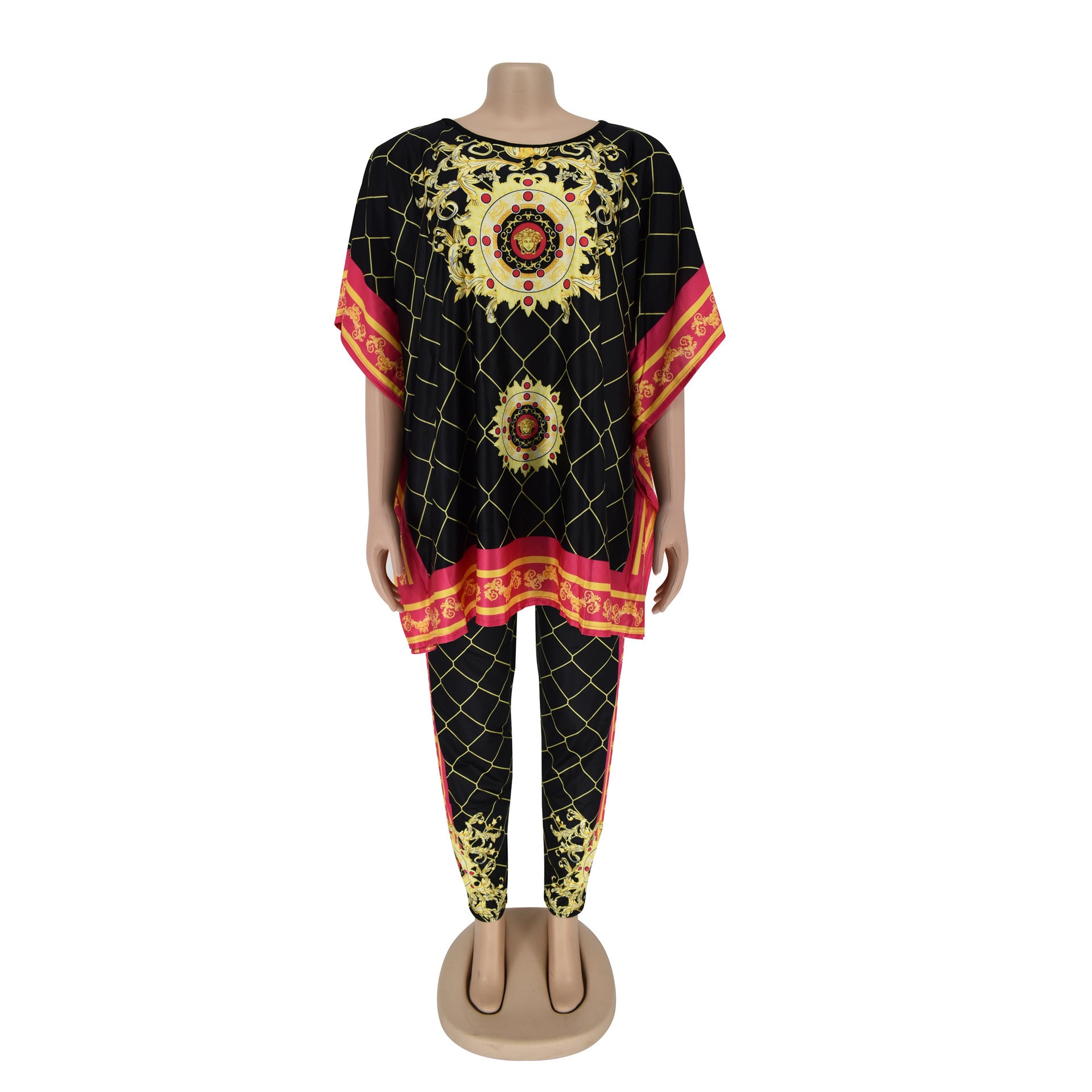 African Plus Size Women's Printed Round Neck Pullover Sweater Stretch Pants Suit - My Store