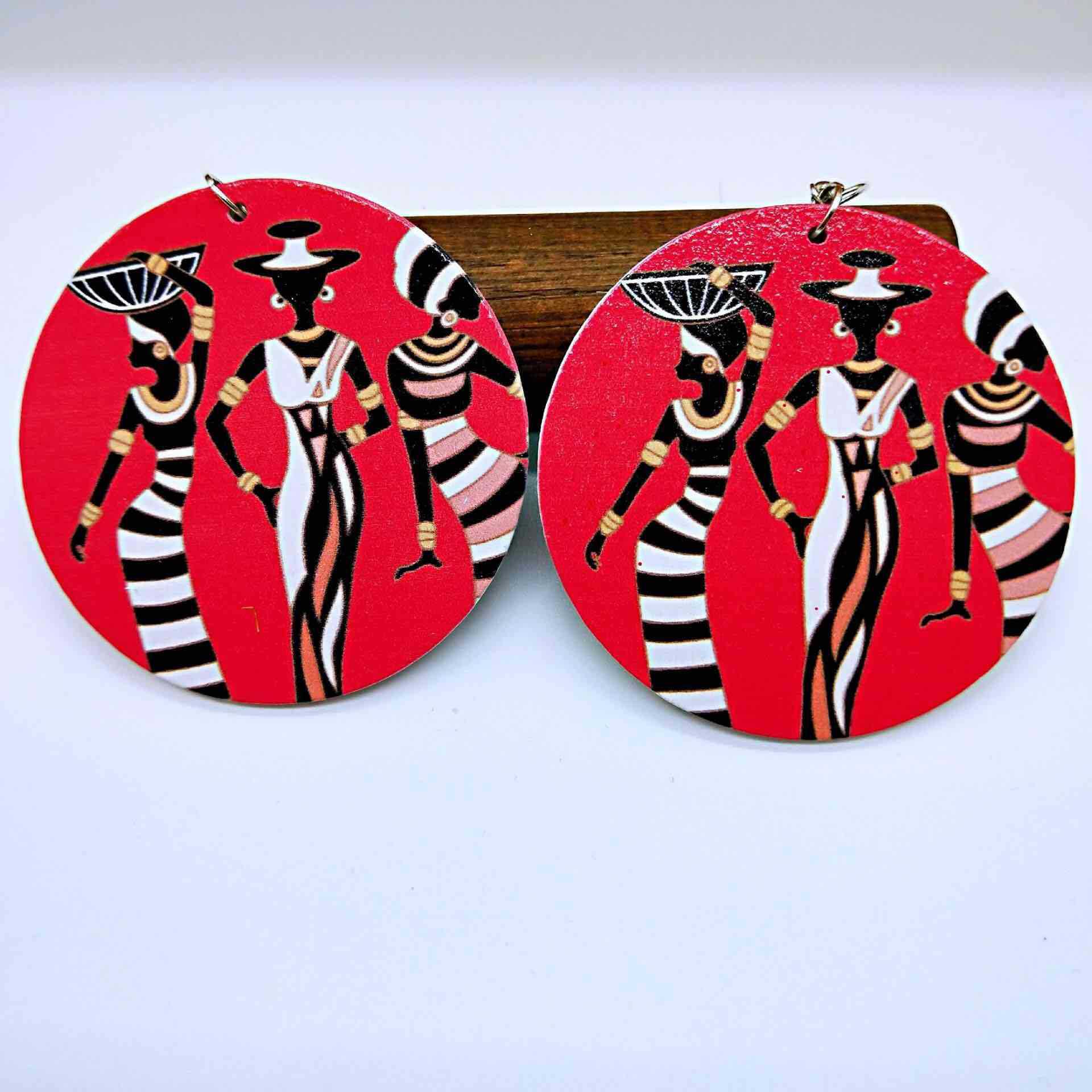 African pattern geometric round wooden earrings - My Store