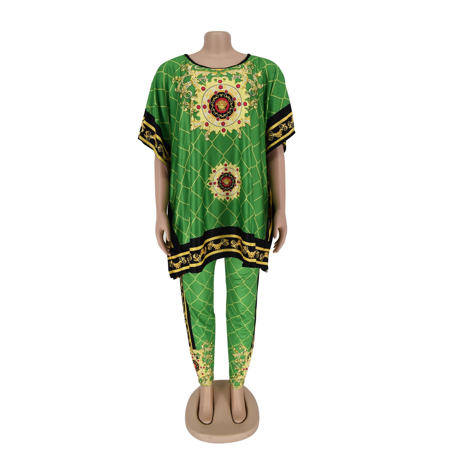 African Plus Size Women's Printed Round Neck Pullover Sweater Stretch Pants Suit - My Store