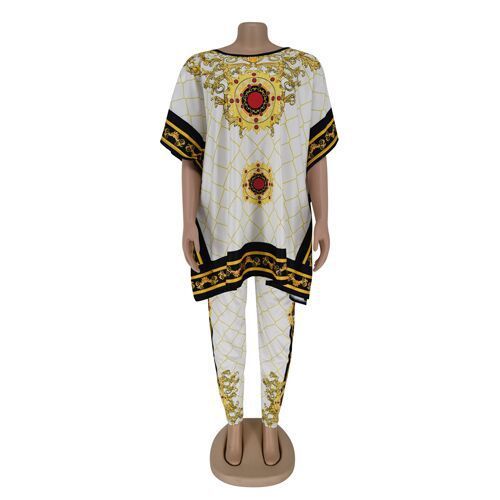 African Plus Size Women's Printed Round Neck Pullover Sweater Stretch Pants Suit - My Store