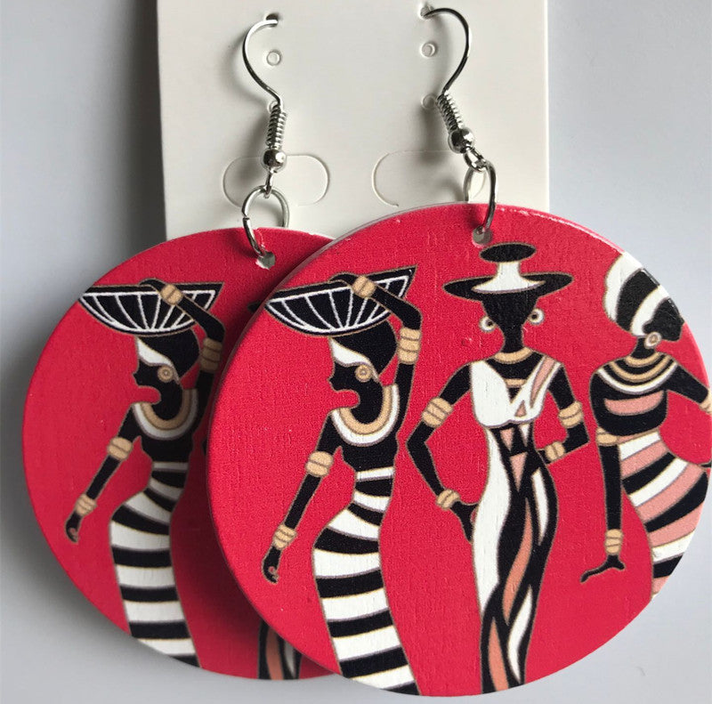 African pattern geometric round wooden earrings - My Store
