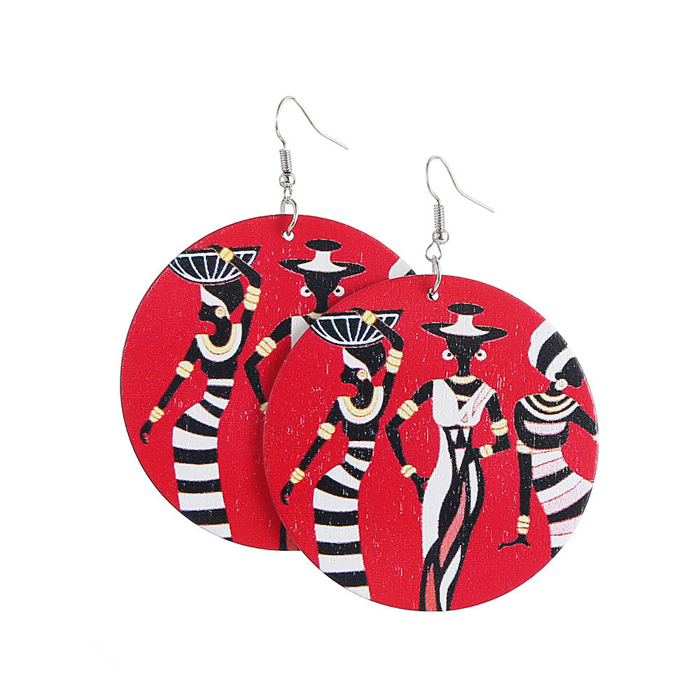 African pattern geometric round wooden earrings - My Store