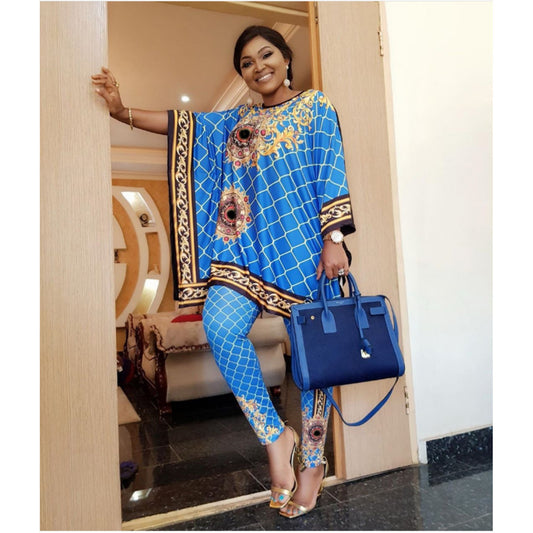 African Plus Size Women's Printed Round Neck Pullover Sweater Stretch Pants Suit - My Store