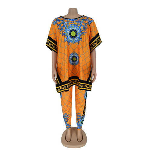 African Plus Size Women's Printed Round Neck Pullover Sweater Stretch Pants Suit - My Store